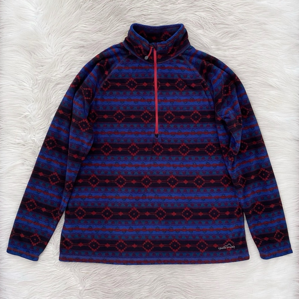 Eddie Bauer Aztec Blue Red Quest Fleece 1/4 Zip Pullover Stand Collar Jacket